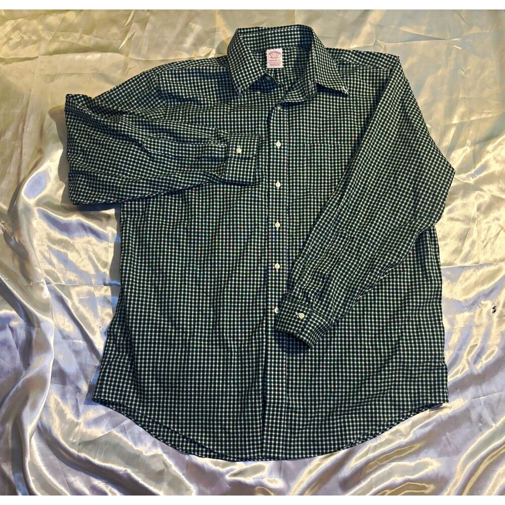 Brooks Brothers Madison Fit Green Gingham Shirt Men's 17.5 36 Non-Iron Stretch